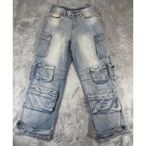 Cernucci Cargo Jeans Womens SZ 8‎ Light Blue Baggy Wide Leg Multi Pocket Utility